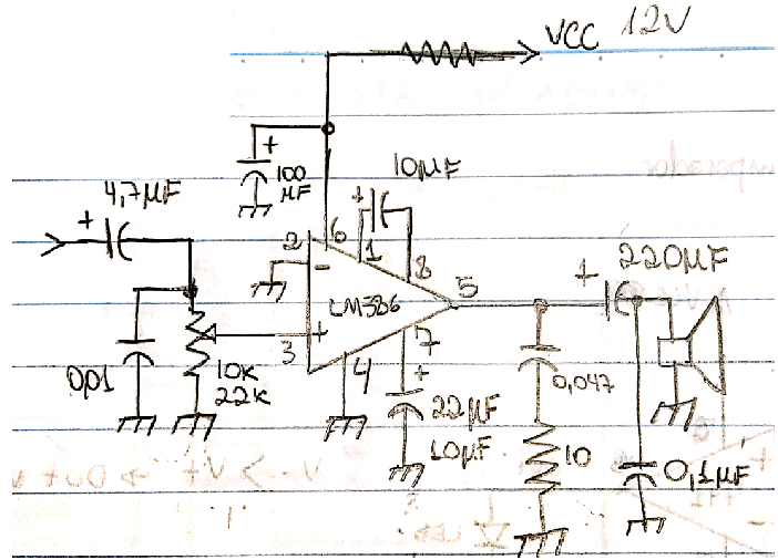 Circuito do amplificador de áudio (LM386)