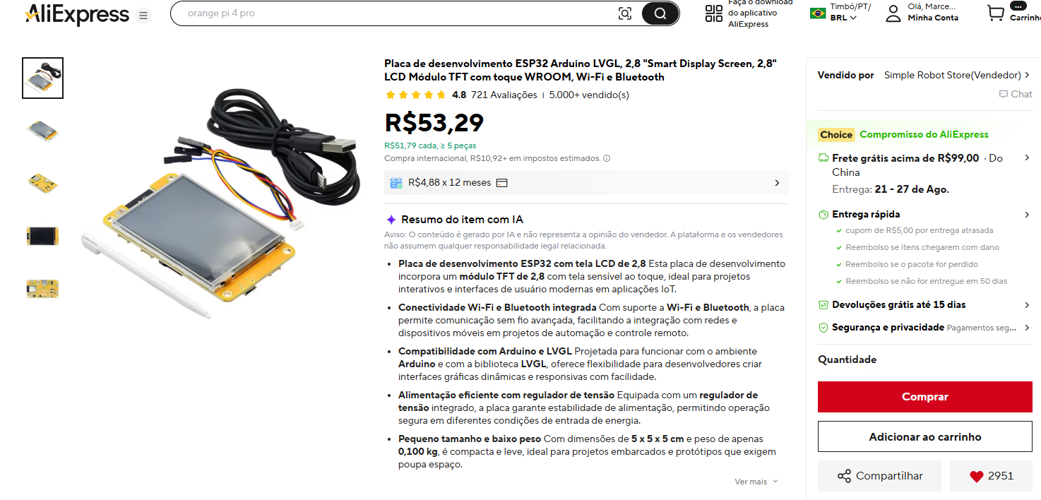 Listing for the ESP32-2432S028R board on a marketplace